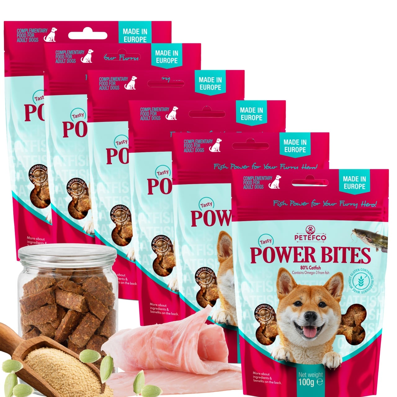 PETEFCO POWER BITES 80% Fisch Hundesnacks 6x100g, glutenfrei
