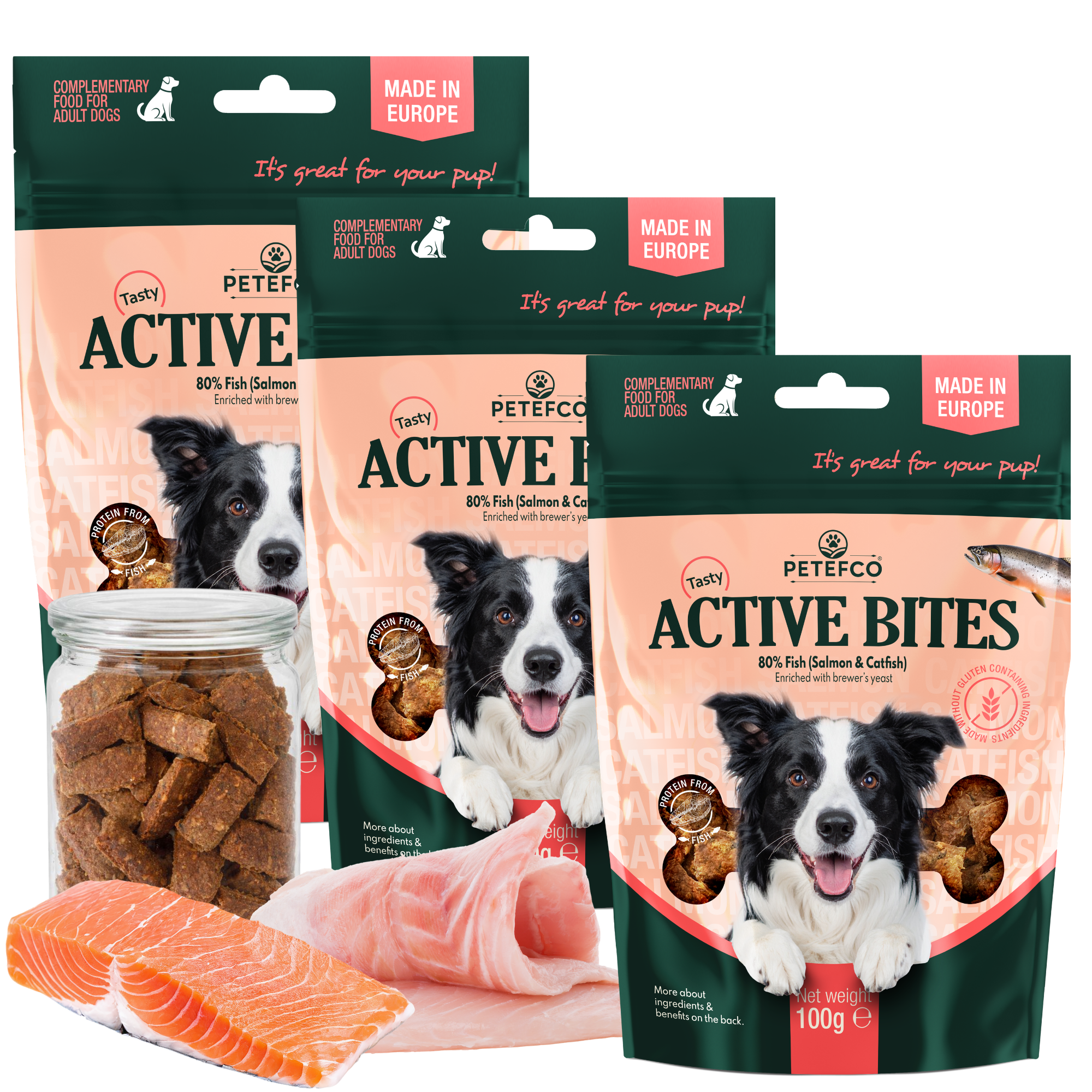 PETEFCO | ACTIVE BITES | 80% Fisch | 3x100g | Belohnung für Hunde