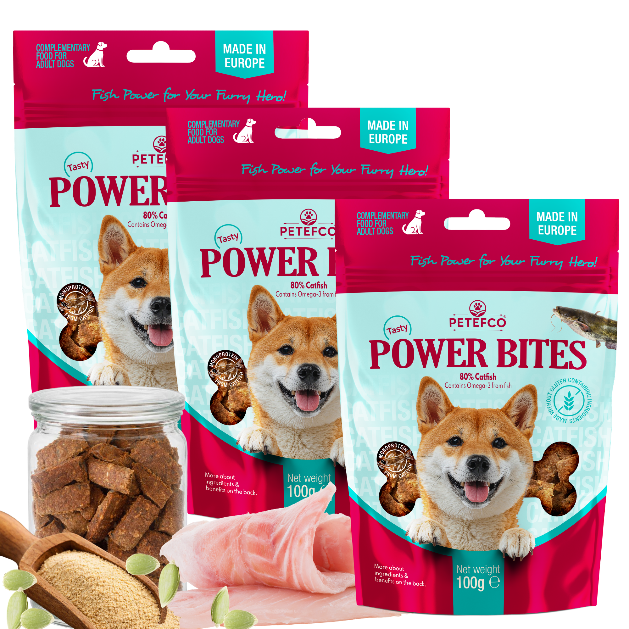 PETEFCO POWER BITES 80% Fisch Hundesnacks 3x100g, glutenfrei
