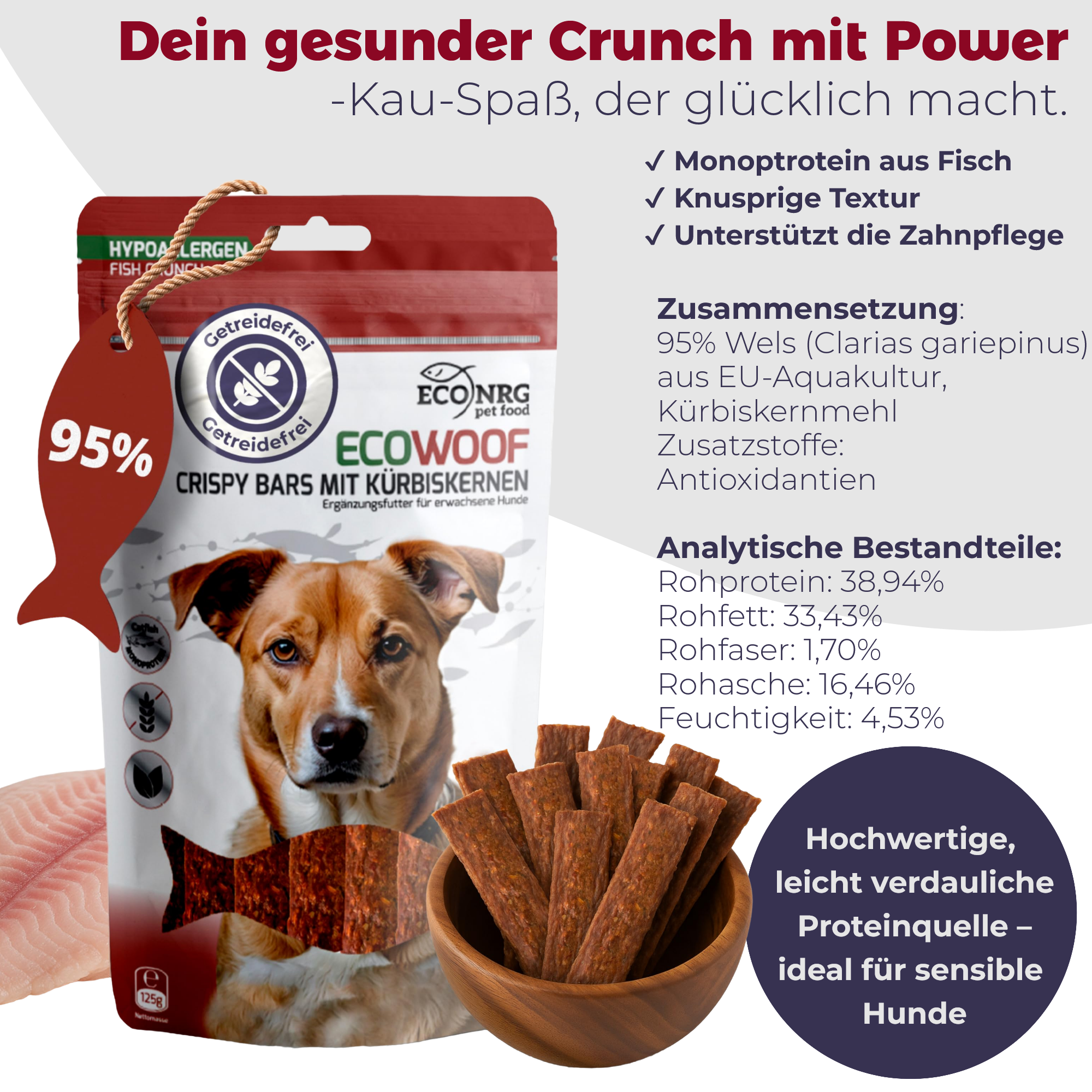 Crispy Bars aus Wels – MIX | Pur, Kürbis & Bierhefe | 3x125g | Belohnung für Hunde