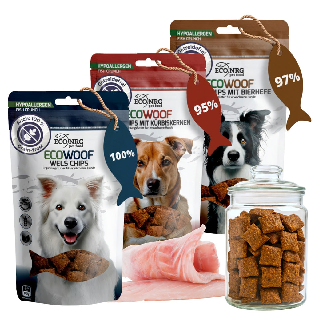 ECO WOOF Wels-Chips MIX Hundesnacks 3x125g, getreidefrei