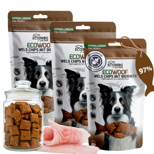 ECO WOOF Wels-Chips mit Bierhefe Hundesnacks 3x125g, getreidefrei