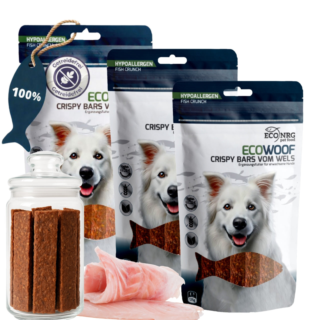 ECO WOOF Crispy Bars aus Wels Hundesnacks 3x125g, getreidefrei