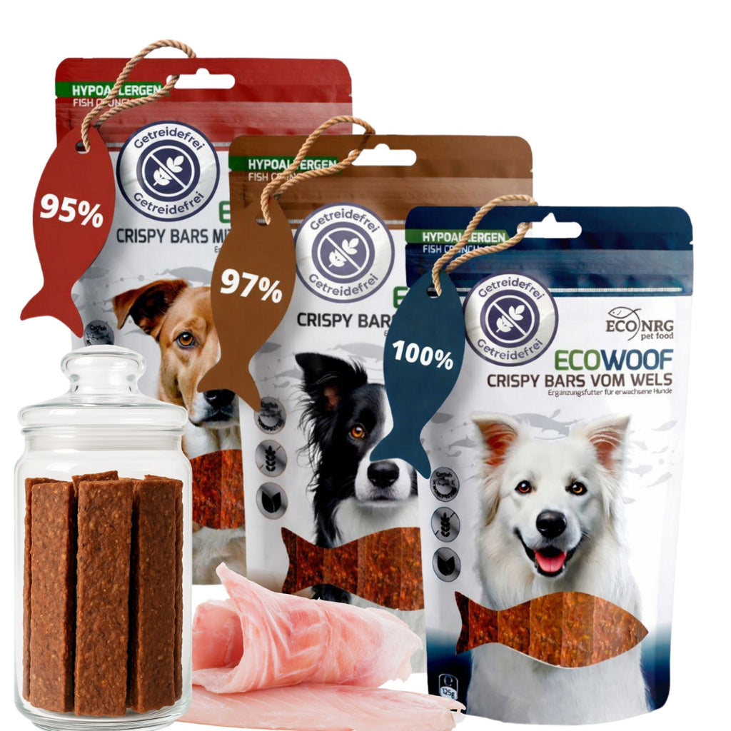 Crispy Bars aus Wels – MIX | Pur, Kürbis & Bierhefe | 3x125g | Belohnung für Hunde