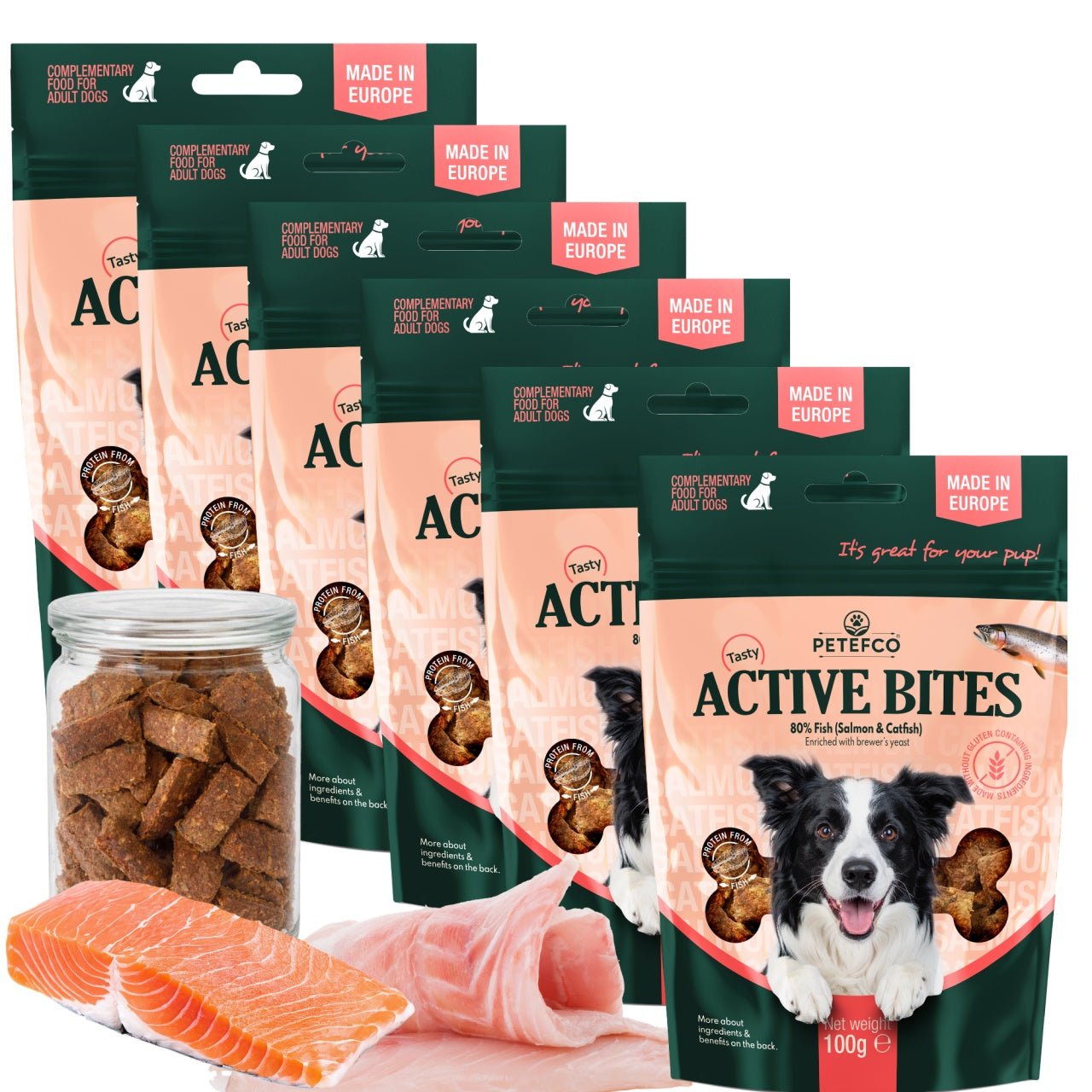 PETEFCO ACTIVE BITES 80% Fisch Hundesnacks 6x100g, glutenfrei