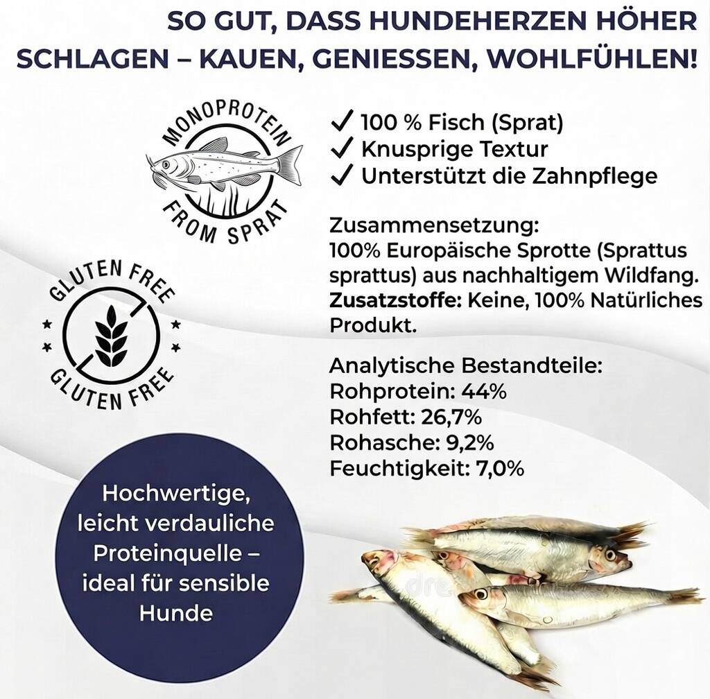 Zusammensetzung und analytische Bestandteile getrocknete Sprotten, monoproteisch, glutenfrei
